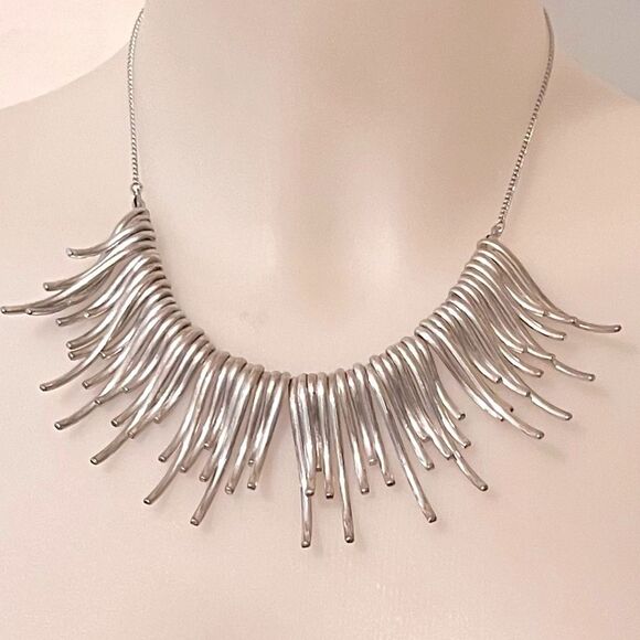 Boho Fringe Silver Tone Sunburst Statement Necklace - Picture 1 of 3